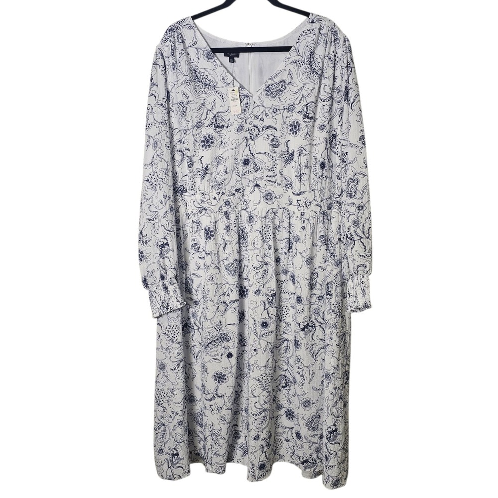 NWT Talbots 22W White Blue‎ Floral Long Sleeve Midi Dress Cottagecore Classic